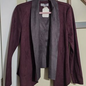 Faux Suede Outer Shell Casual Bagatelle Open Front Jacket.Burgundy And Gray.